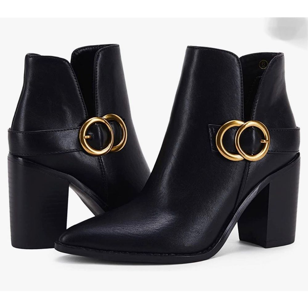 JayGate Womens Pointed Toe Side V Cutout Ankle Chunky Block Heel Boots